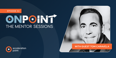 Professional headshots of host Linda Traylor and guest Tom Caravela appear side by side on the branded OnPoint: The Mentor Sessions Podcast graphic. The image represents a conversation on MSL talent, Medical Affairs leadership, and what distinguishes exce