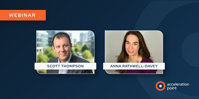 Side-by-side headshots of Scott Thompson and Anna Rathwell-Davey on an Acceleration Point webinar graphic about insight-generating questioning frameworks.