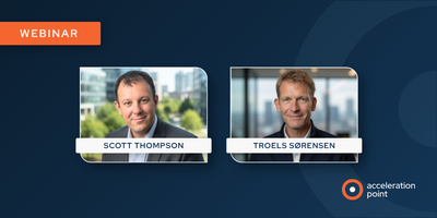 Side-by-side headshots of Scott Thompson and Troels Sørensen on a navy Acceleration Point webinar graphic about care gap and TPO methodology.
