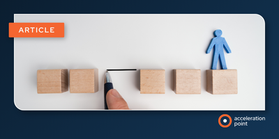 A hand drawing a line to bridge a gap between wooden blocks, with a blue human figure standing on the final block, representing the TPO methodology's focus on identifying and closing patient care gaps at each stage of the care journey.