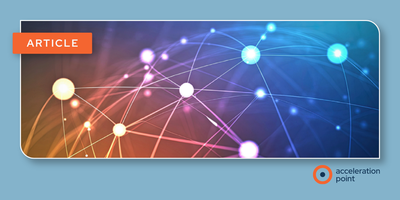 An abstract web of glowing nodes and connecting lines depicts the online patient and clinician conversations Medical Affairs teams monitor.